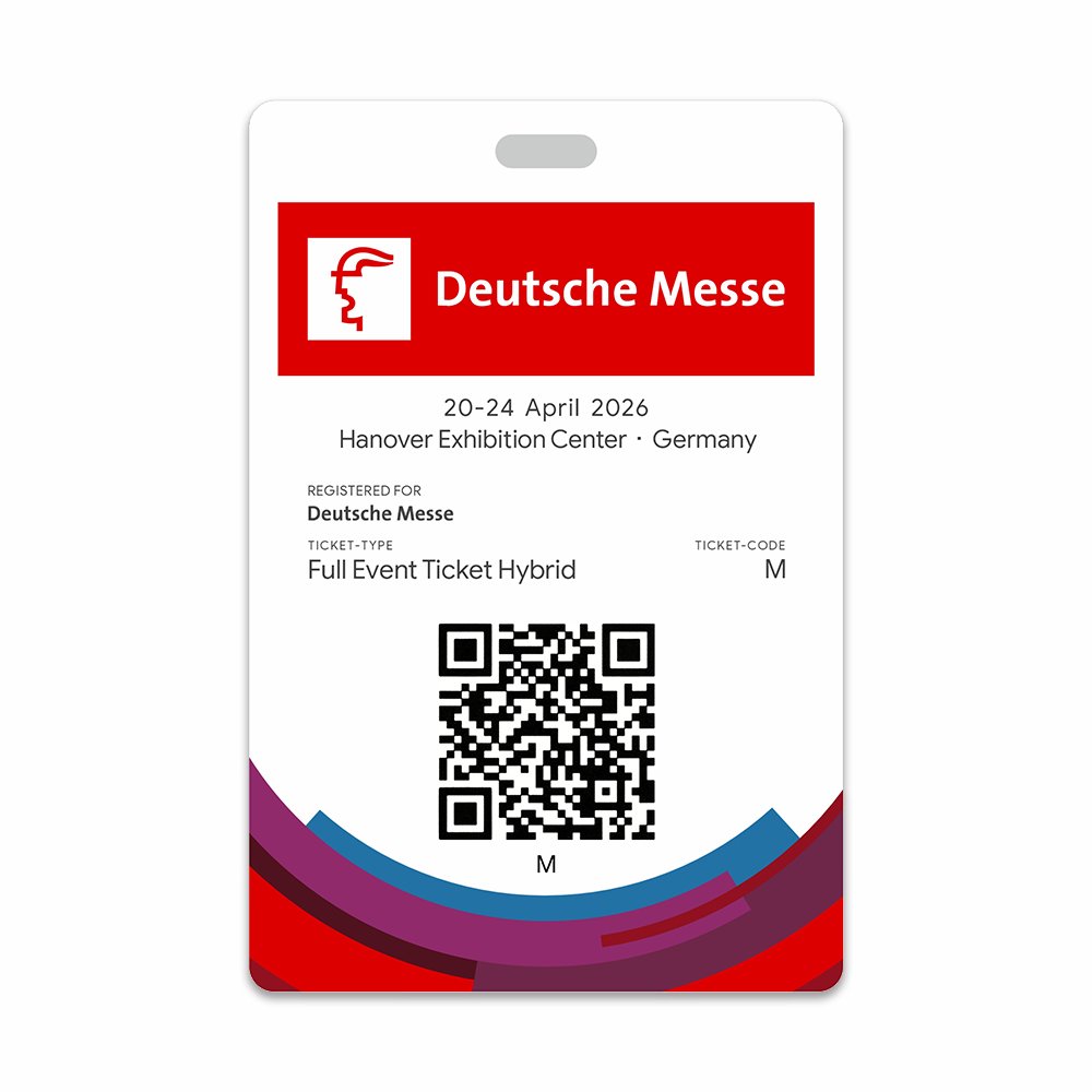 Customized punch hole event badge for Deutsche Messe 2026 at Hanover Exhibition Center, Germany (April 20-24), featuring registered for Deutsche Messe, Full Event Ticket Hybrid type, and ticket code M