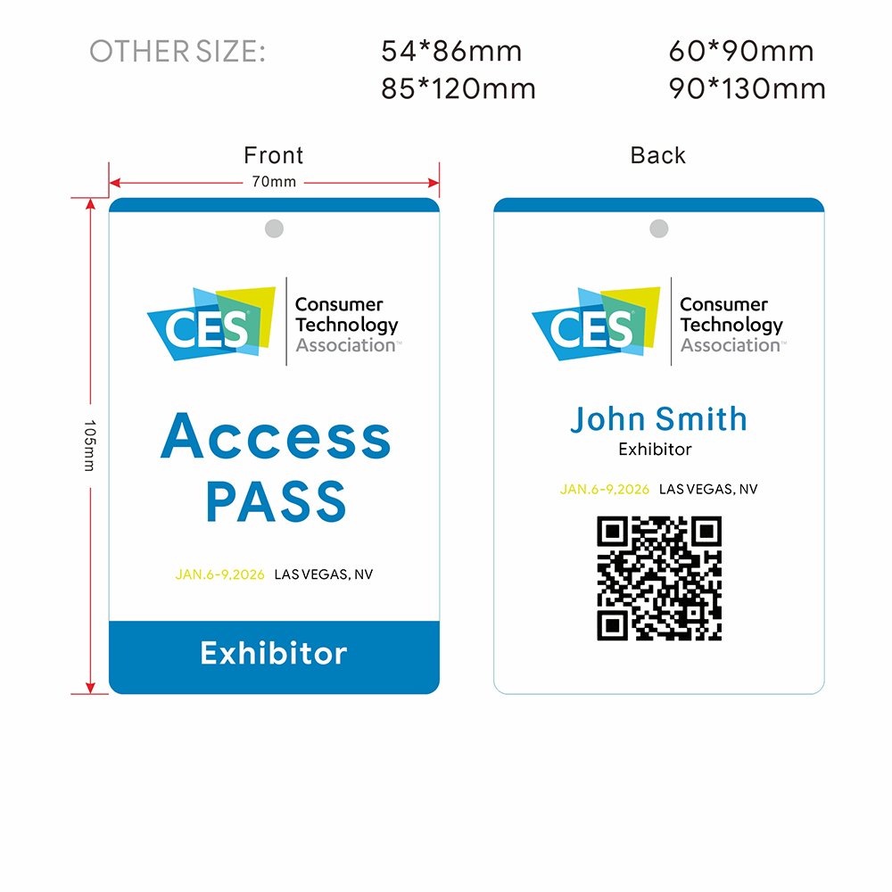 Customized punch hole event badge for CES 2026 Las Vegas, featuring Consumer Technology Association logo, exhibitor John Smith, January 6-9 2026, with multiple size options 54x86mm, 60x90mm, 85x120mm, and 90x130mm