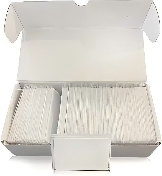 Premium blank white PVC card with embedded RFID/NFC chip, standard CR80 size 86x54mm, no printing, compatible with LF 125kHz or HF 13.56MHz encoding for access control and membership applications