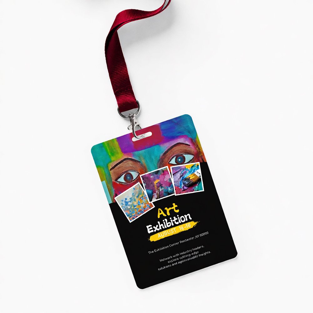 Colorful Art Exhibition E-Card badge with customizable design, NFC & PVC options for trade shows, corporate events, and B2B networking