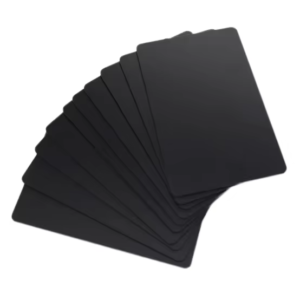 Premium blank black PVC card with embedded RFID/NFC chip, standard CR80 size 86x54mm, no printing, compatible with LF 125kHz or HF 13.56MHz encoding for access control and membership applications