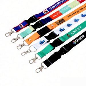 Professional lanyards and card holders for ID badges, event passes, and access cards, available in various colors with metal clips, swivel hooks, and safety breakaway