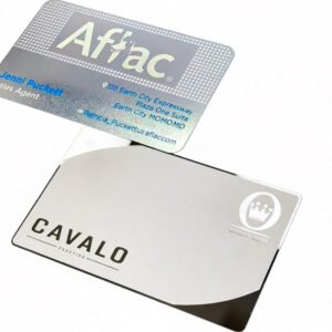 Premium metal business card for Aflac sales agent Jemni Puckett featuring laser engraved name, title, address and email, stainless steel construction with professional finish