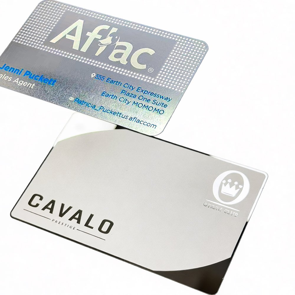 Premium metal business card for Aflac sales agent Jemni Puckett featuring laser engraved name, title, address and email, stainless steel construction with professional finish