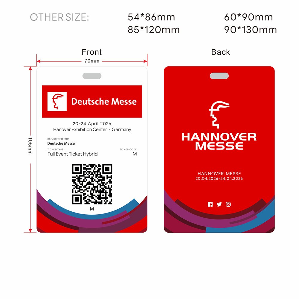 RFID NFC PVC exhibition visitor card for HANNOVER MESSE 2026 at Hanover Exhibition Center, Germany (April 20-24), featuring full event ticket type, front/back design, and multiple size options including 54x86mm, 60x90mm, 85x120mm, and 90x130mm