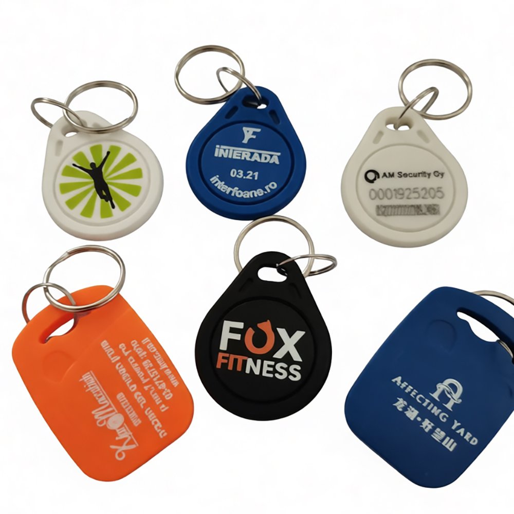 RFID key fob for access control, membership and identification applications, durable plastic construction with metal ring, available with LF 125kHz or HF 13.56MHz chip options