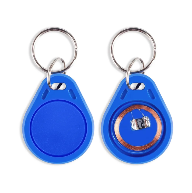 RFID key fob for access control, membership and identification applications, durable plastic construction with metal ring, available with LF 125kHz or HF 13.56MHz chip options