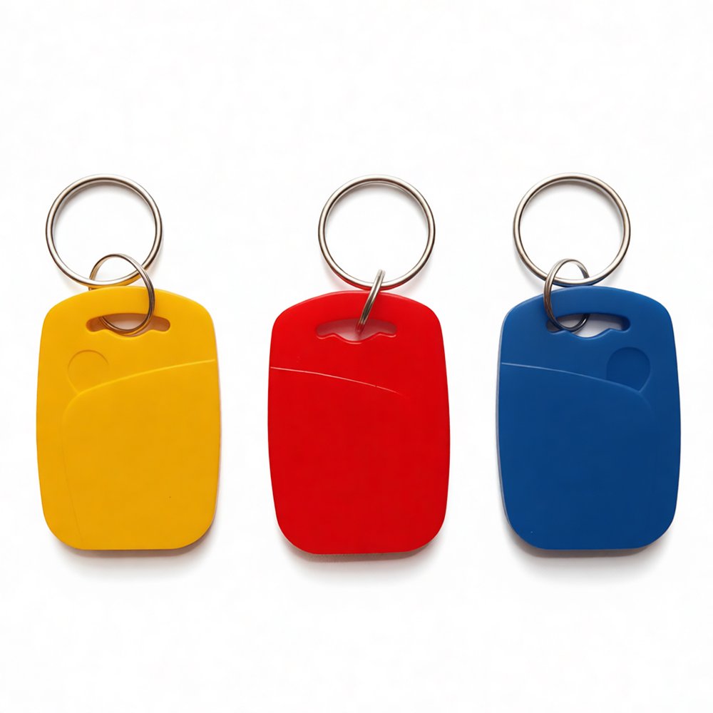 RFID key fobs for access control, membership, and identification applications, durable plastic/epoxy construction with metal ring, available in multiple colors with customizable chip options