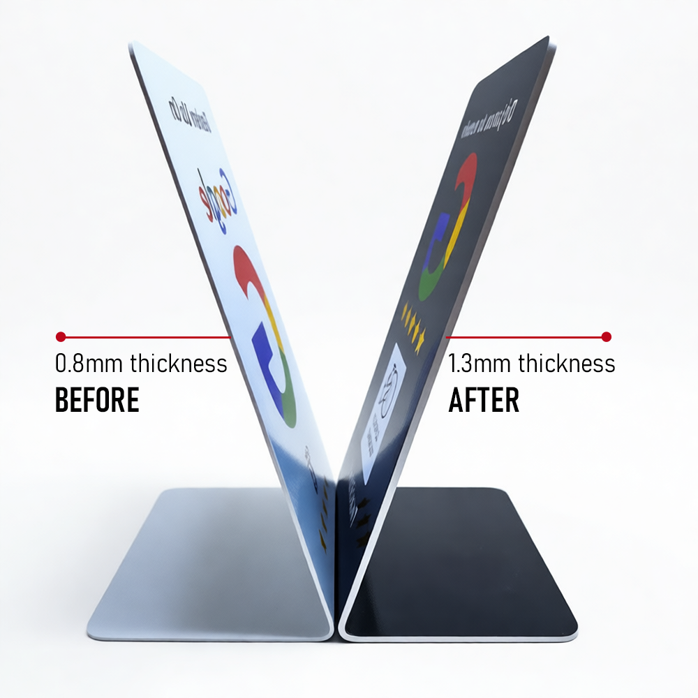 1.3mm ultra-thin PVC Google Review stand, lightweight tabletop display for customer feedback cards, slim profile with durable construction and card slot