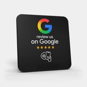 PVC Google Review plate with 3M adhesive backing, featuring "review us on Google" message and 5-star rating "★★★★★", durable construction for collecting customer feedback