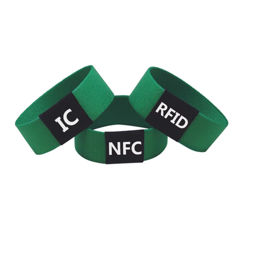 Custom RFID NFC elastic smart wristband with stretchy fabric construction, waterproof coating, adjustable fit for all wrist sizes, embedded 13.56MHz chip for access control and cashless payments at events and festivals