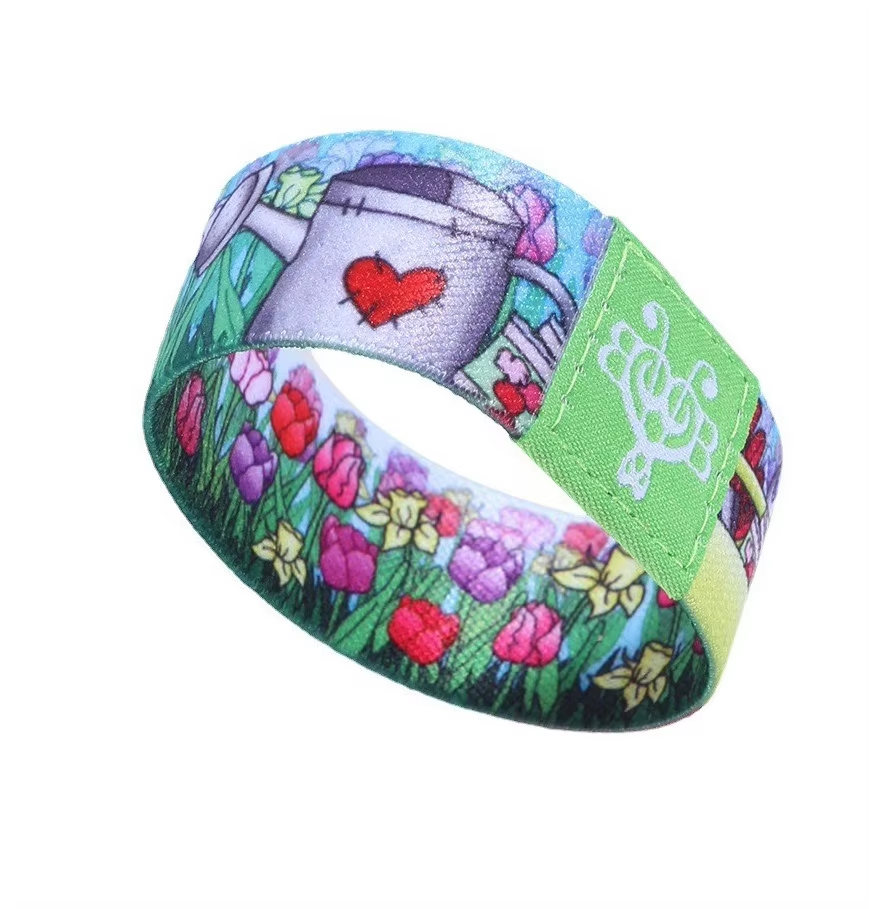 Custom RFID NFC elastic smart wristband with stretchy fabric construction, waterproof coating, adjustable fit for all wrist sizes, embedded 13.56MHz chip for access control and cashless payments at events and festivals