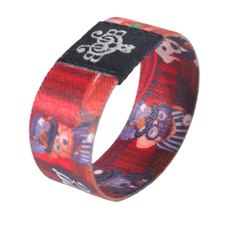 Custom RFID NFC elastic smart wristband with stretchy fabric construction, waterproof coating, adjustable fit for all wrist sizes, embedded 13.56MHz chip for access control and cashless payments at events and festivals
