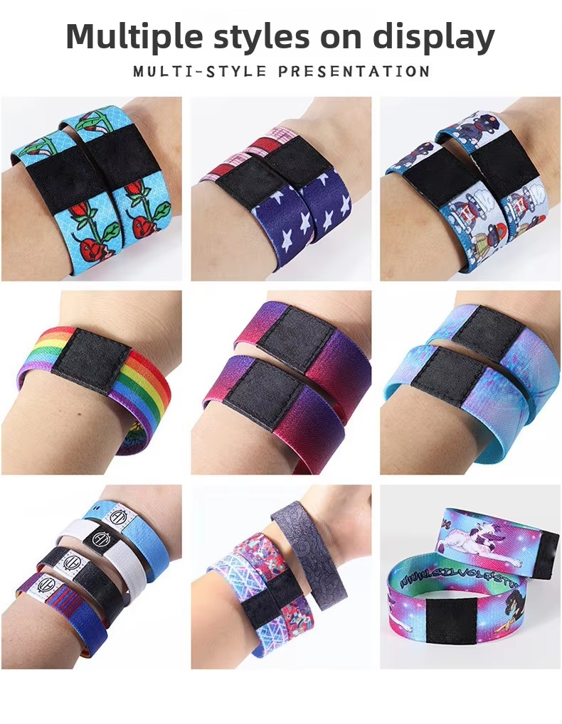 Multiple styles of custom RFID NFC elastic smart wristbands on display, various colors and designs with stretchy fabric construction, waterproof coating, embedded 13.56MHz chips for access control and cashless payments at events and festivals
