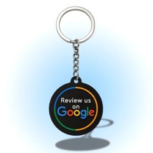 NFC keychain for Google Reviews and social media promotion, durable design with customizable branding, tap with smartphone to instantly access business review pages and social profiles