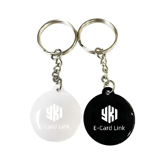 NFC keychain for Google Reviews and social media promotion with E-Card Link feature, round design, tap with smartphone to instantly access digital business card and review pages