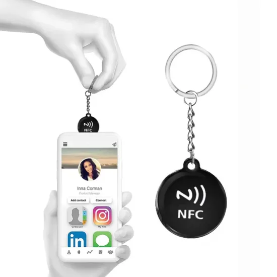 NFC keychain for Google Reviews and social media promotion, compact round design with customizable branding, tap with smartphone to instantly access business review pages and social profiles
