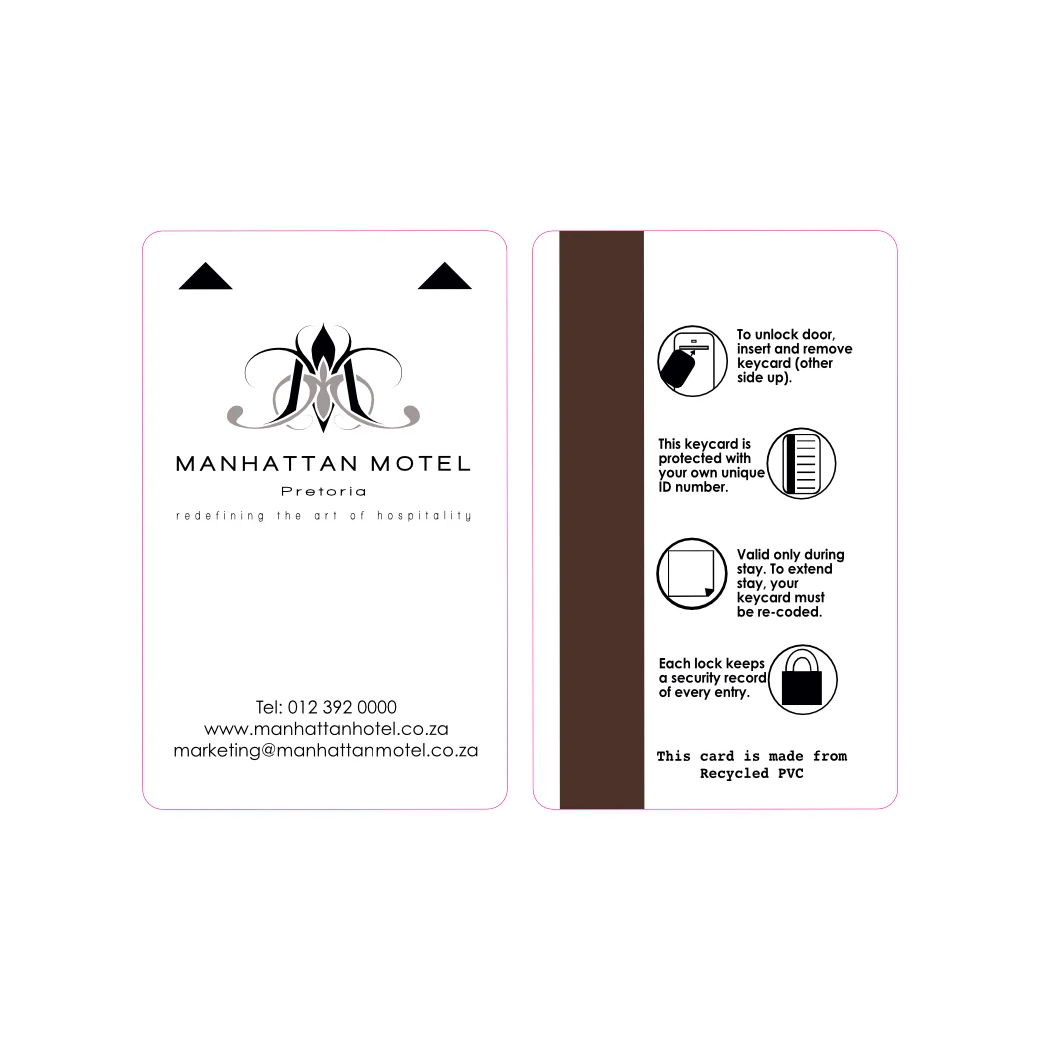 Magnetic stripe hotel key card for MANHATTAN MOTEL Pretoria, featuring hotel contact information, door unlocking instructions, and recycled PVC construction