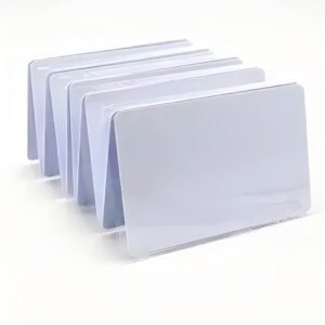 Blank white PVC printable cards stacked display, 0.76mm thickness, CR80 standard size 86x54mm for ID card printing, smooth matte surface compatible with inkjet and laser printers
