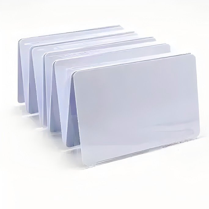 Blank white PVC printable cards stacked display, 0.76mm thickness, CR80 standard size 86x54mm for ID card printing, smooth matte surface compatible with inkjet and laser printers