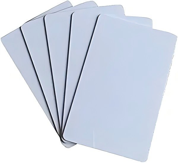 Blank white PVC cards stacked, 0.76mm thickness, CR80 standard size 86x54mm, matte finish surface for ID card printing