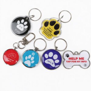 Round NFC pet ID tag for dogs and cats, durable waterproof construction with customizable design, attaches securely to collar for instant smartphone access to pet profile and owner contact information