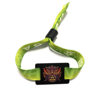RFID NFC woven wristband with adjustable slider, durable polyester fabric construction, waterproof design with custom color printing, embedded 13.56MHz chip for event access control and cashless payments