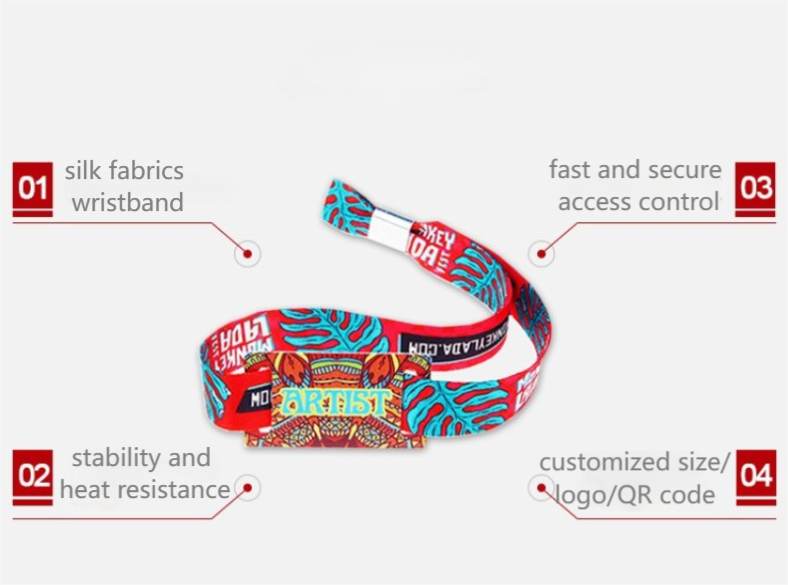 RFID NFC silk fabric woven wristband with adjustable closure, premium silk material with heat resistance and stability, embedded 13.56MHz chip for fast and secure access control, customizable with logo, QR code, and custom sizes