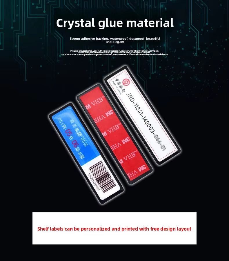 RFID smart electronic shelf label with crystal glue material, strong adhesive backing, waterproof and dustproof, elegant design, customizable printing with free layout design service