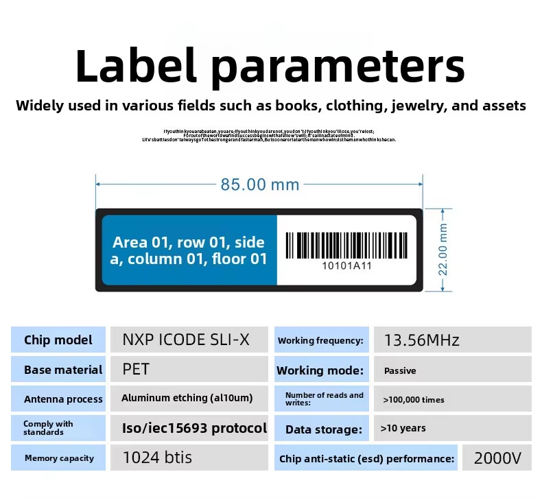 RFID smart electronic shelf label with NXP ICODE SLI-X chip, 13.56MHz HF frequency, ISO/IEC 15693 protocol, 1024 bits memory, 85×22mm size for retail, library, and asset management applications