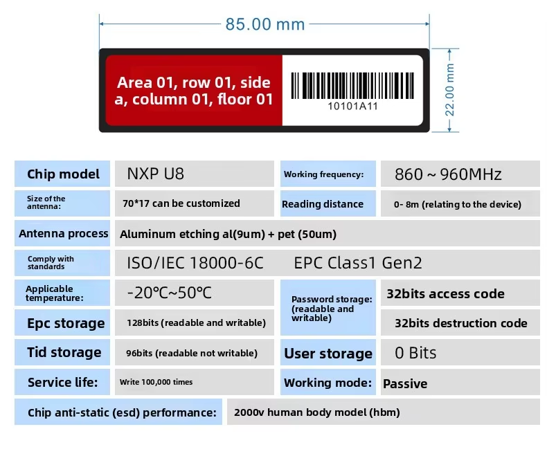 RFID smart ESL label with NXP U8 chip, 860-960MHz frequency, ISO/IEC 18000-6C/EPC Class1 Gen2 compliant, 85×22mm size with 70×17mm aluminum etched antenna, 0-8m read range for retail shelf and inventory management