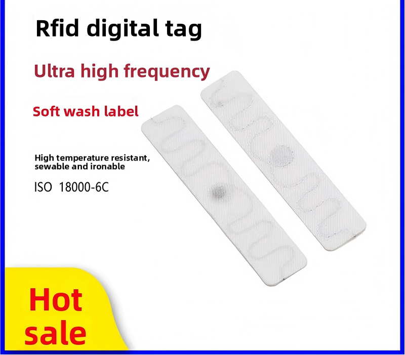 Soft UHF RFID washable fabric label for textile tracking, high-temperature resistant, sewable and ironable design, complies with ISO 18000-6C standard for industrial laundry and garment management applications