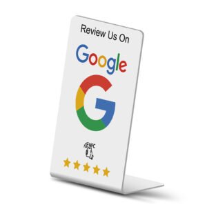 PVC Google Review stand with "Review Us On" message and Google logo, tabletop display for customer feedback cards, durable construction with card slot