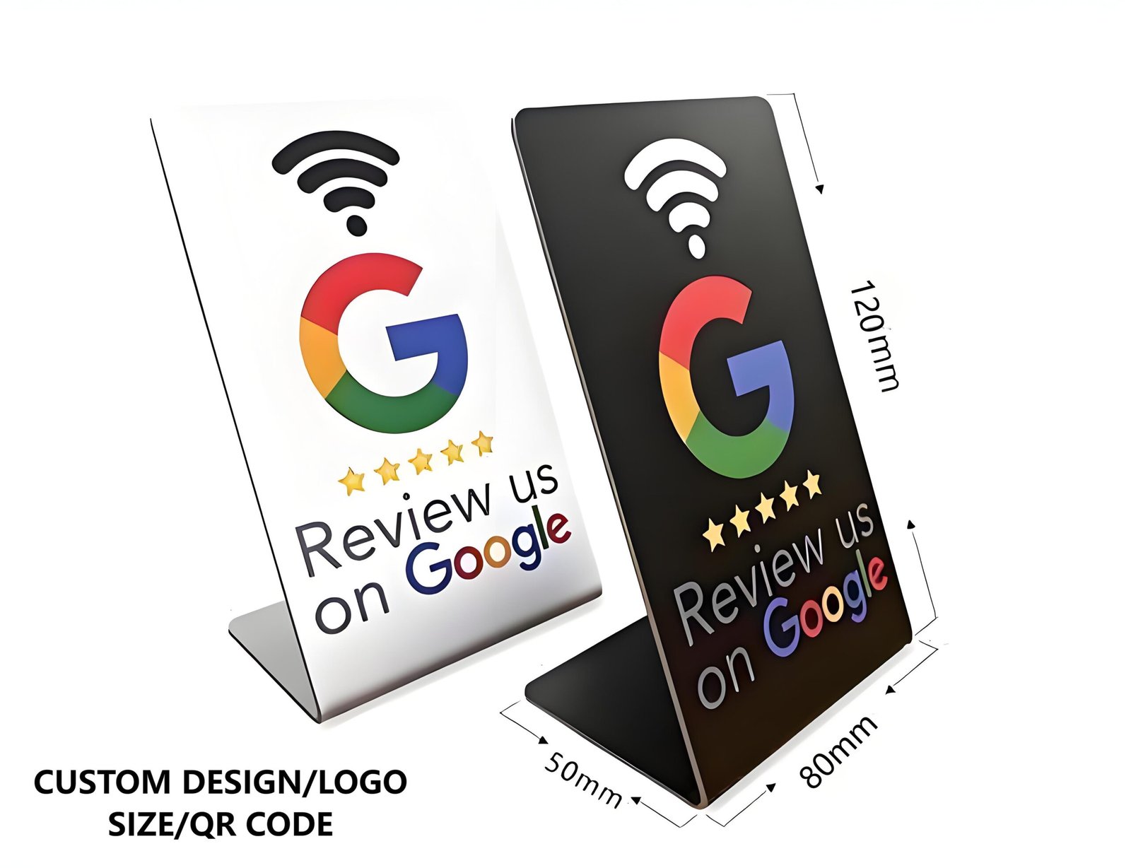 PVC Google Review stand with dimensions 120×80×50mm, featuring "Review us on Google" message, tabletop display for customer feedback cards with card slot