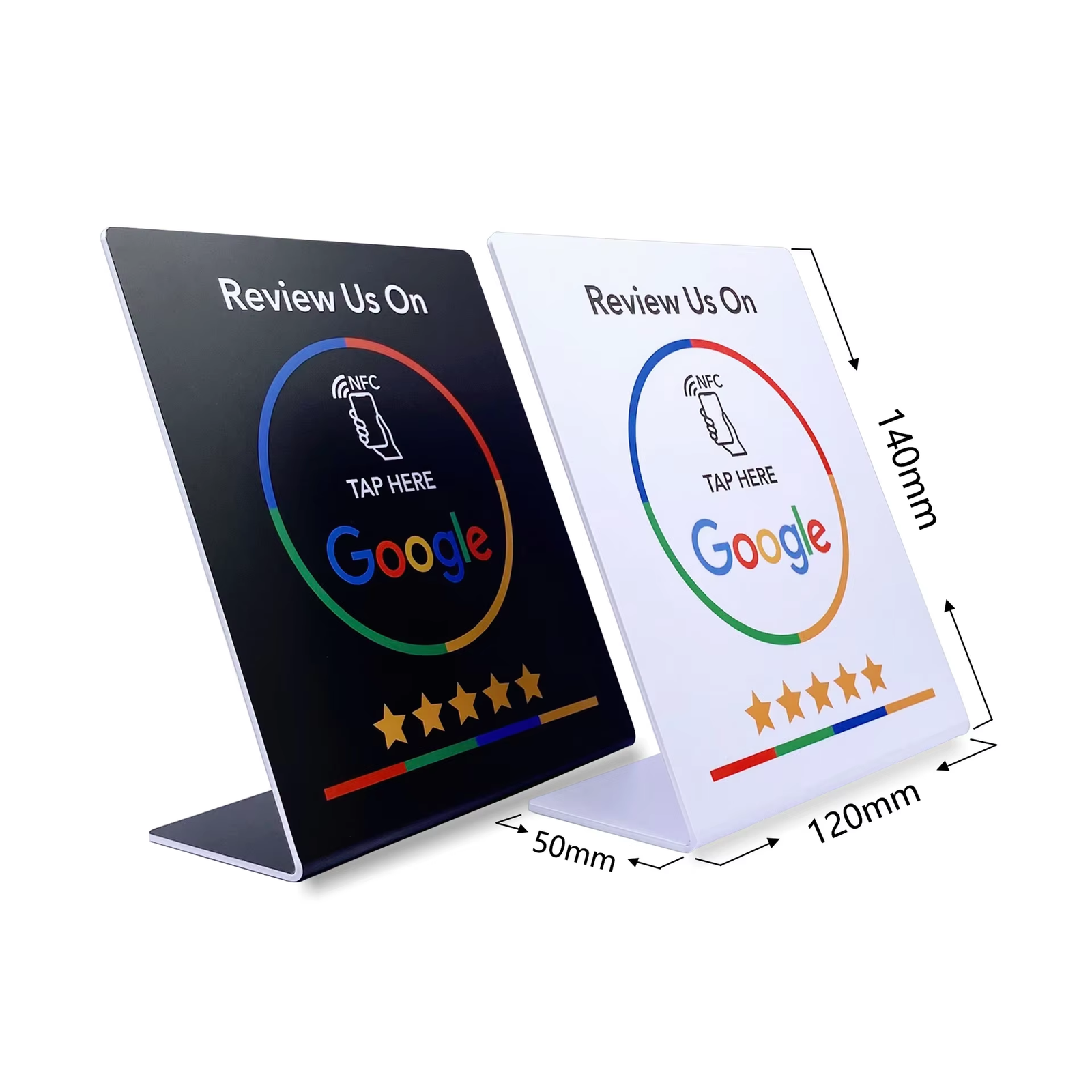 PVC Google Review stand with dimensions 140×120×50mm, featuring "Review Us On" message, Google logo, and "TAP HERE" instruction, tabletop display for customer feedback cards