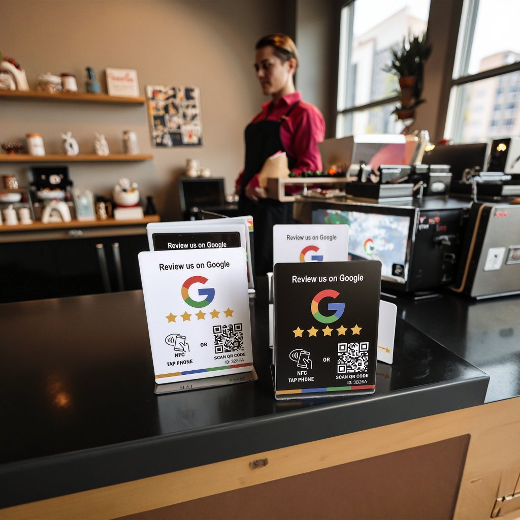 PVC Google Review stand with repeated "Review us on Google" message and company URL, durable construction for collecting customer feedback and increasing online reputation