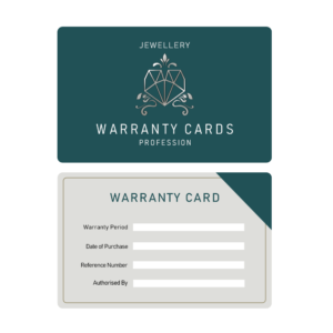Professional PVC warranty cards for jewellery industry with fields for Warranty Period, Date of Purchase, Reference Number, and Authorised By, customizable for jewellery retailers and brands