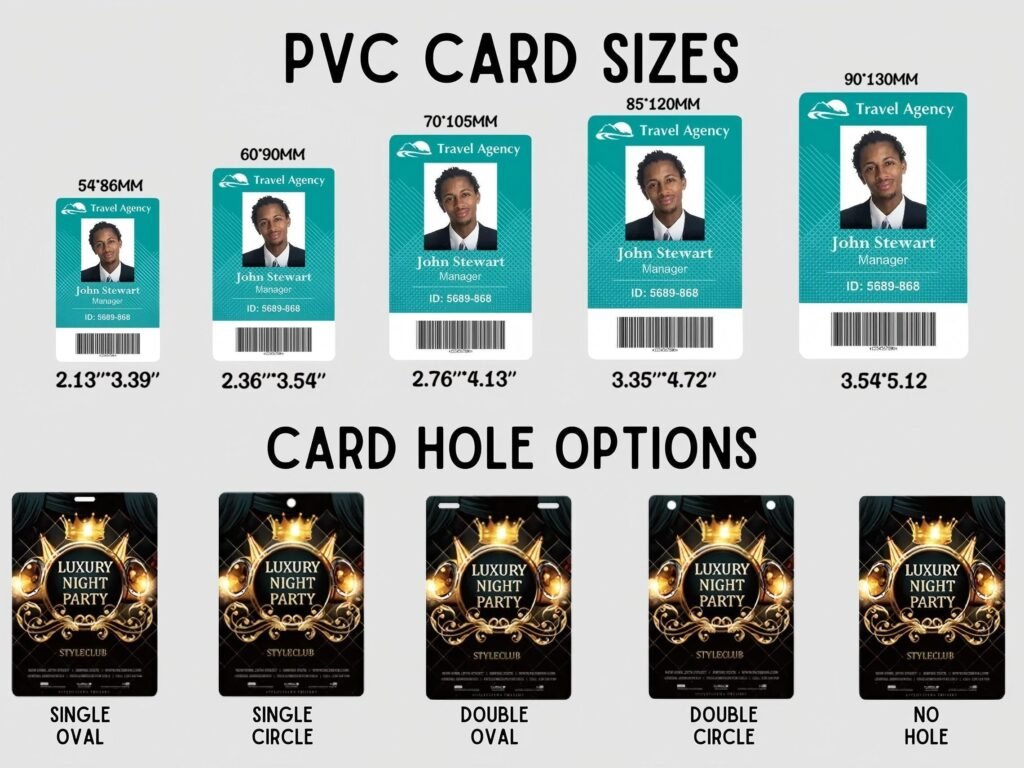 PVC card size reference chart showing standard dimensions 54x86mm, 60x90mm, 70x105mm, and 85x120mm with card hole options including single oval, single circle, double oval, and double circle for employee ID cards