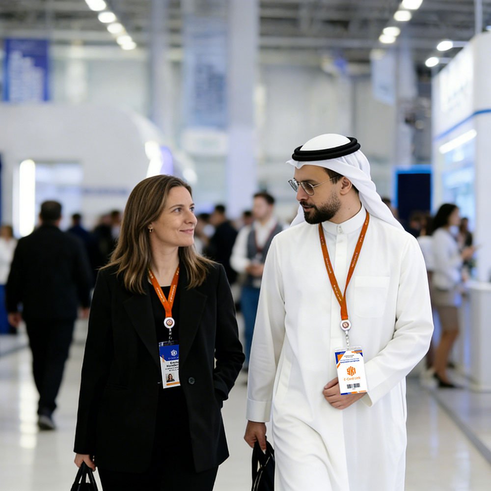 Conference attendees wearing custom event ID badges with lanyards at an international exhibition and trade show