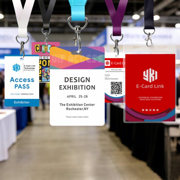 Custom conference event ID badge design examples with lanyards for exhibitions, trade shows and corporate events