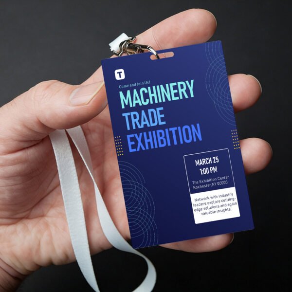Hand holding a custom conference event ID badge with lanyard for exhibition or trade show attendee identification