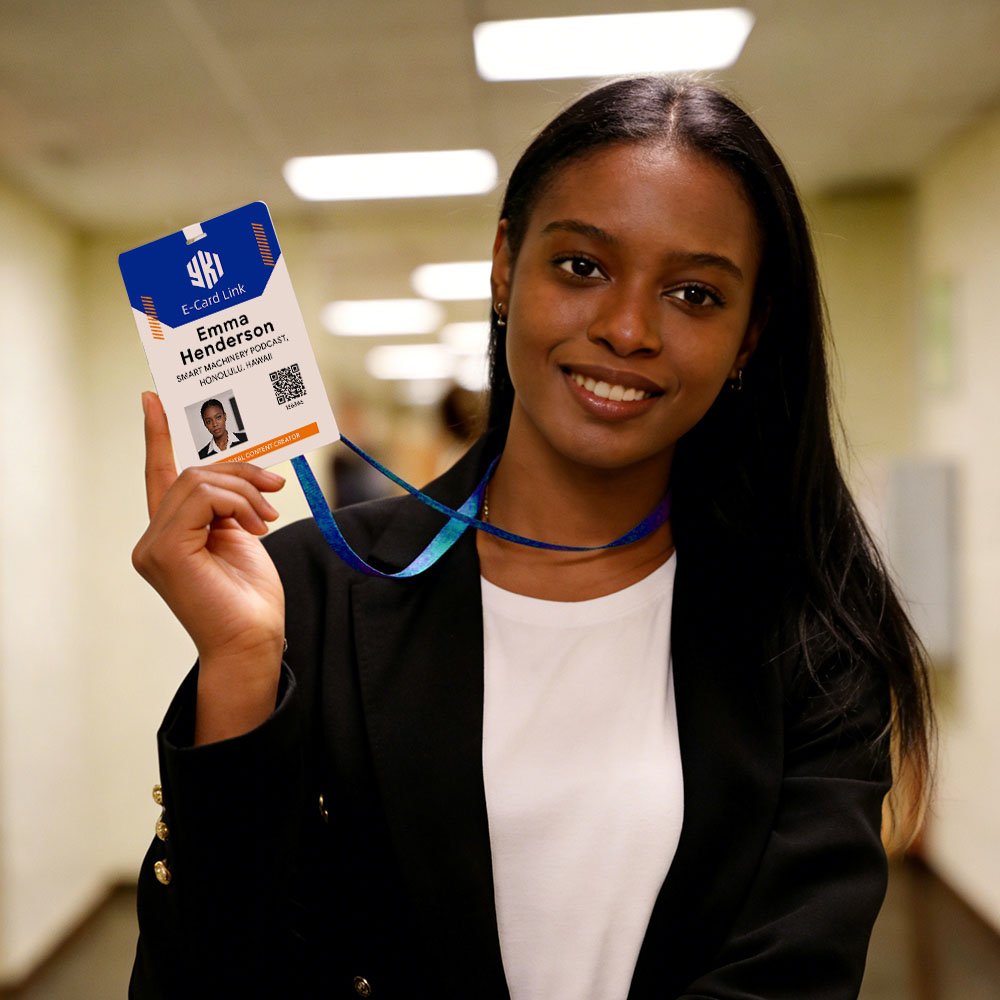 Custom event ID card badge with lanyard held by conference attendee featuring photo ID and QR code for exhibition and corporate events