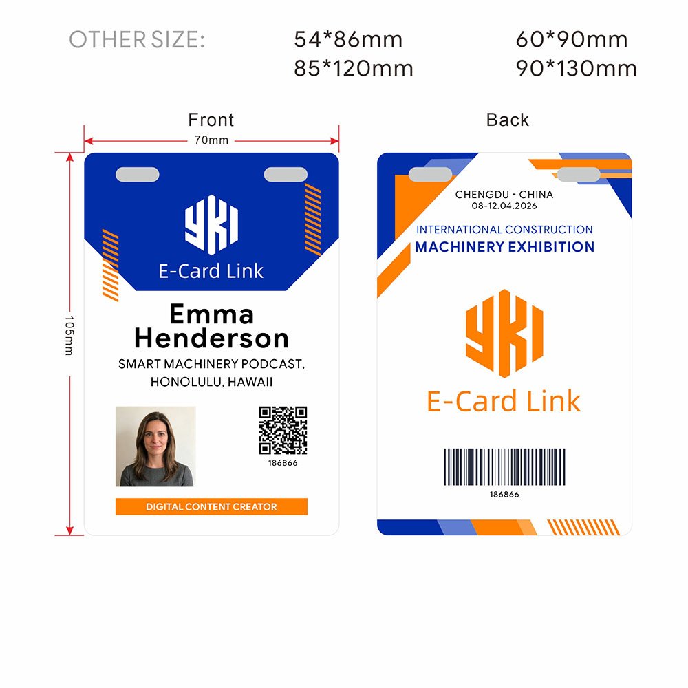 Custom PVC event ID card conference badge with photo QR code and lanyard slot for exhibitions trade shows and corporate events