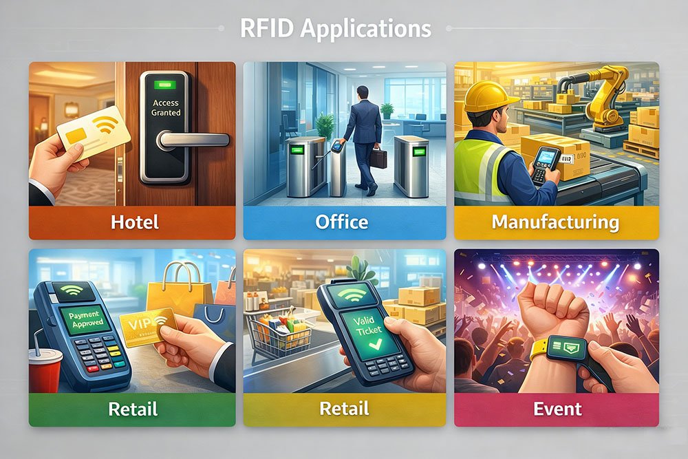 RFID card applications across industries including hotel, office access control, manufacturing, retail, and events