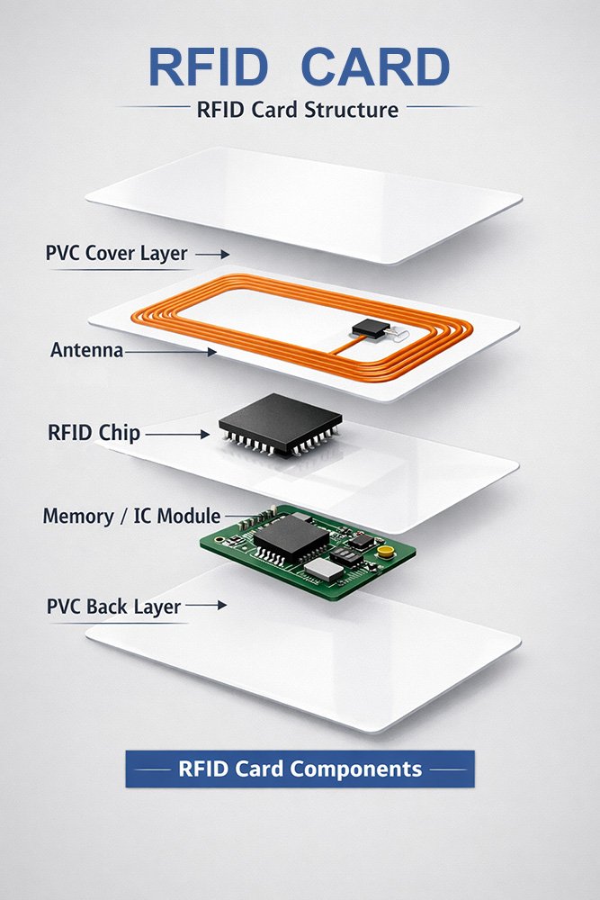 RFID card structure diagram showing PVC layers antenna chip and IC module components