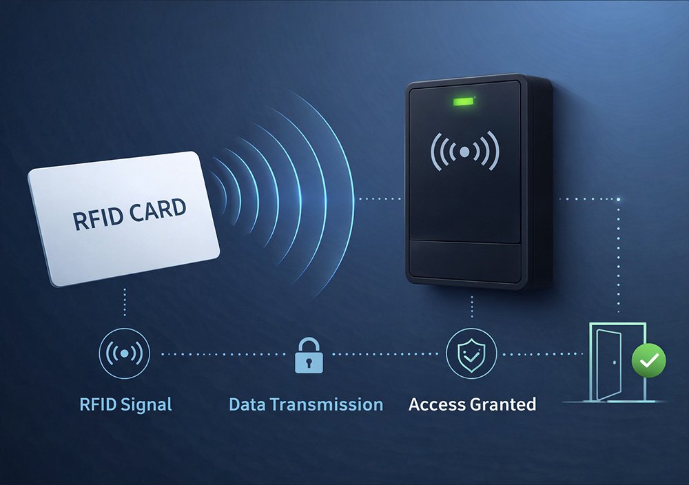 RFID card working principle showing signal transmission between card and reader for access control